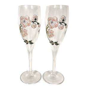Perrier Jouet French Champagne Flute Set of 2 Flutes Glasses Floral